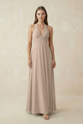 A-Line Pleated Chiffon V-Neck Bridesmaid Dress in Almond